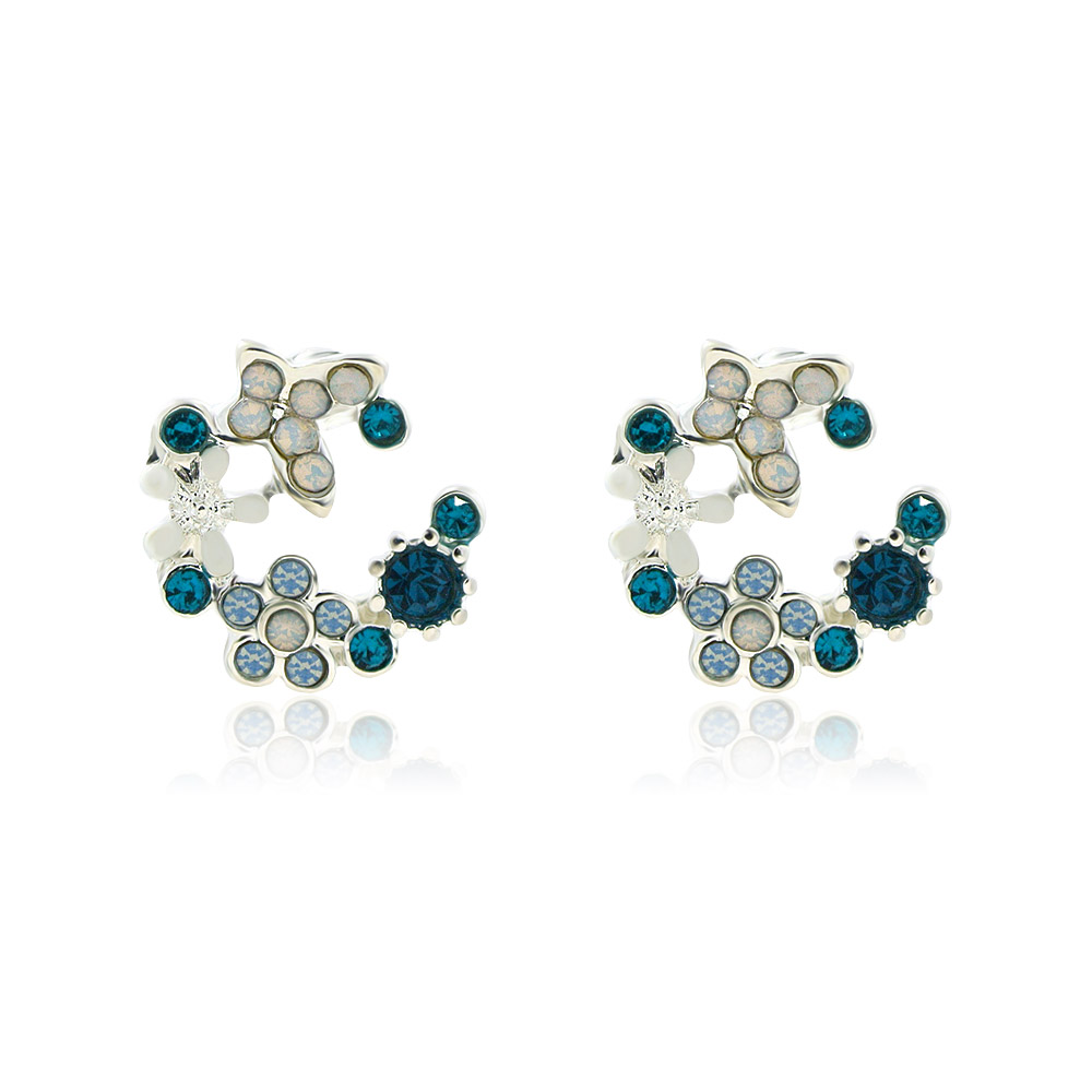 Blue White Enamel Flower Stud Earrings Crystal Stone
